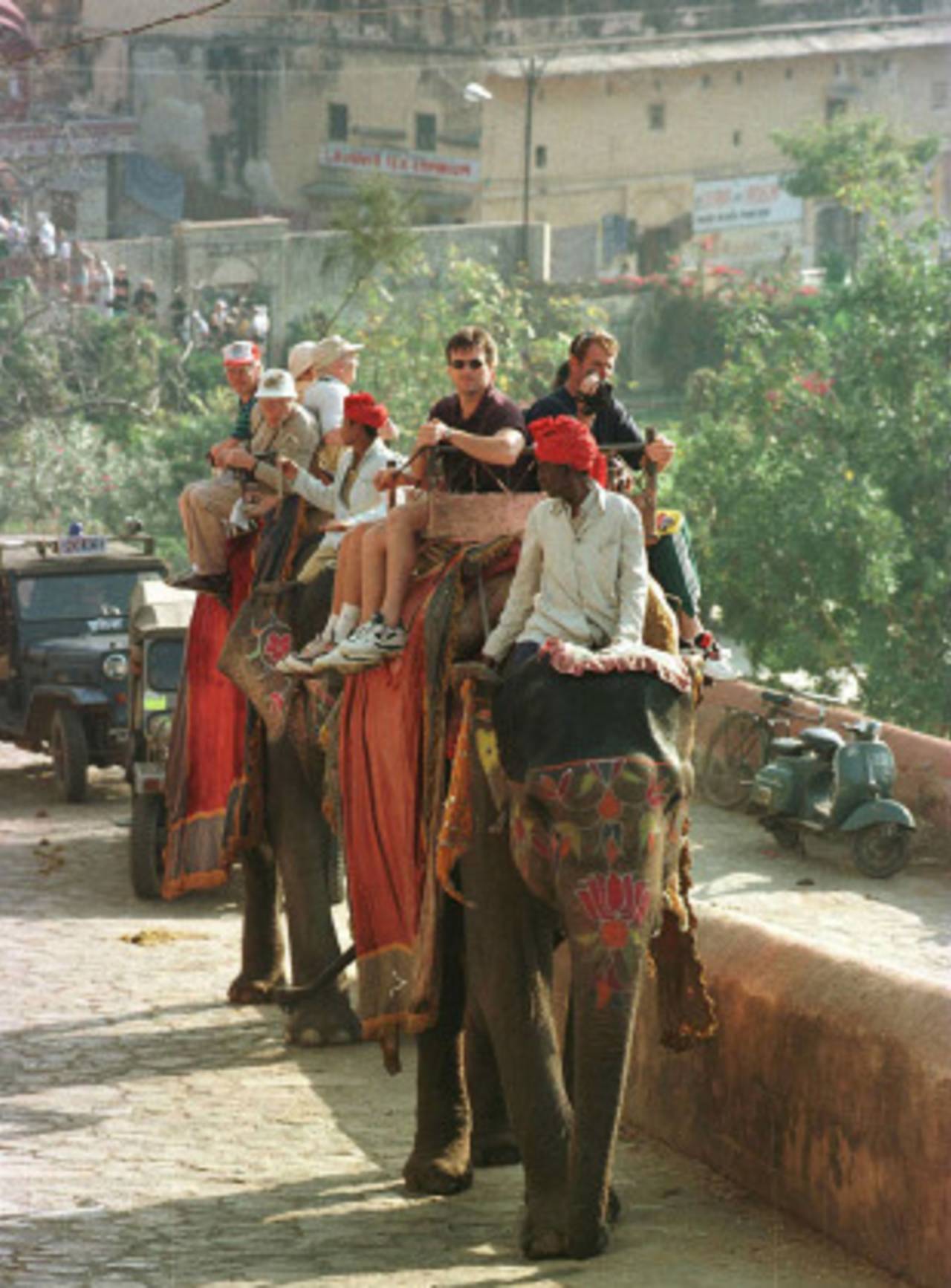 Steve Waugh and Paul Reiffel ride an elephant in the Amber Fort, Jaipur, March 6, 1996