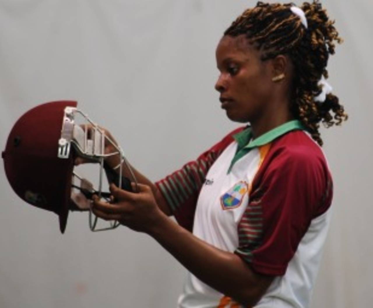 West Indies women's captain Merissa Aguilleira gets ready to bat at a training camp, Barbados, September 26, 2010