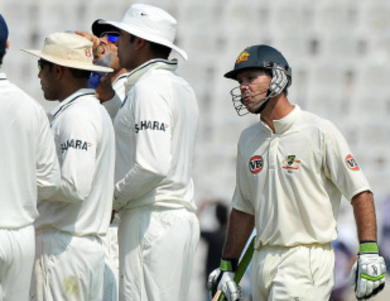 Ricky Ponting exchanges words with India's fielders after his dismissal, India v Australia, 1st Test, Mohali, 1st day, October 1, 2010