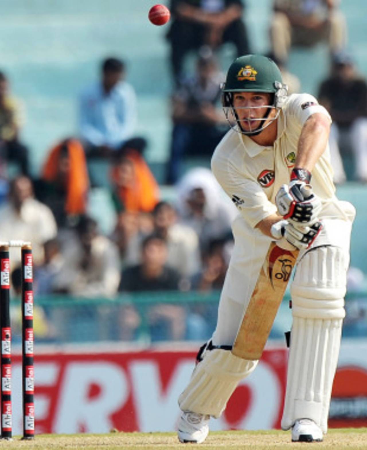 Tim Paine plays watchfully through the off side, India v Australia, 1st Test, Mohali, 2nd day, October 2, 2010