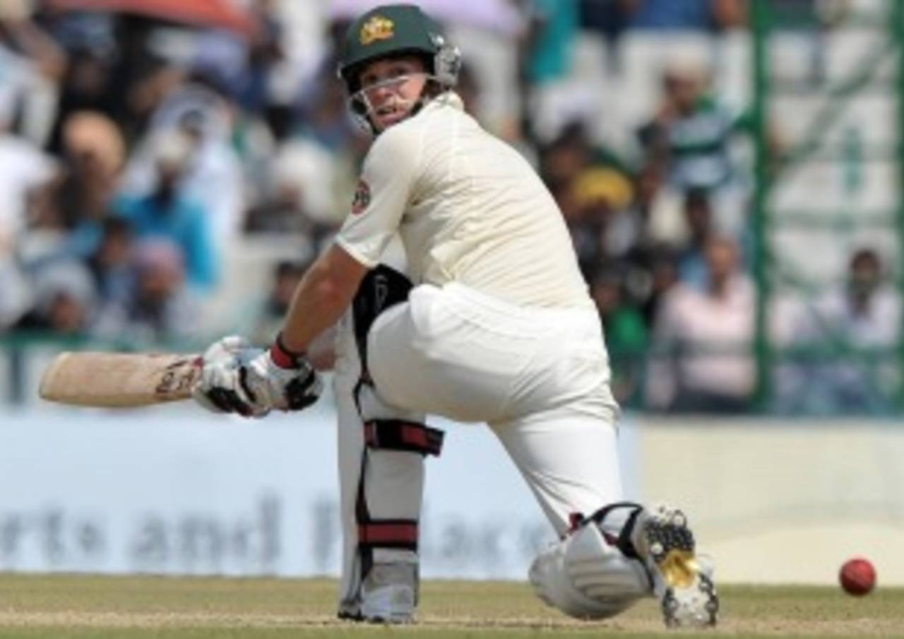 Tim Paine plays the paddle sweep, India v Australia, 1st Test, Mohali, 2nd day, October 2, 2010