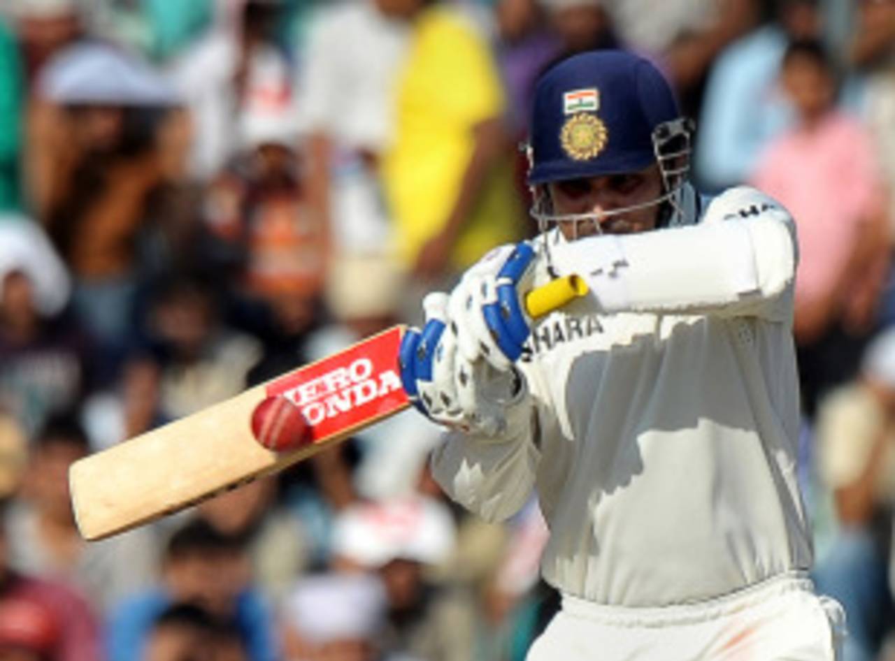 Virender Sehwag plays a shot, 1st Test, Mohali, 2nd day, October 2, 2010