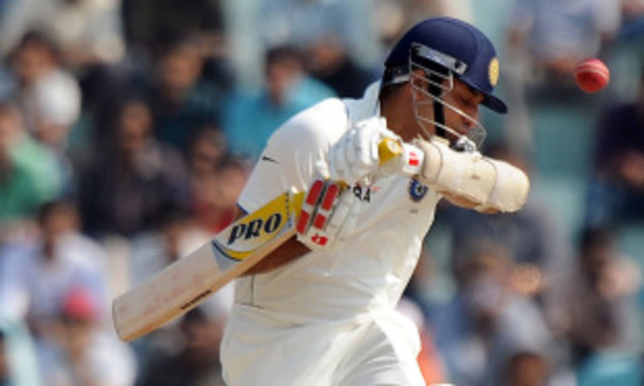 VVS Laxman sways away from a short ball, 1st Test, Mohali, 5th day, October 5, 2010