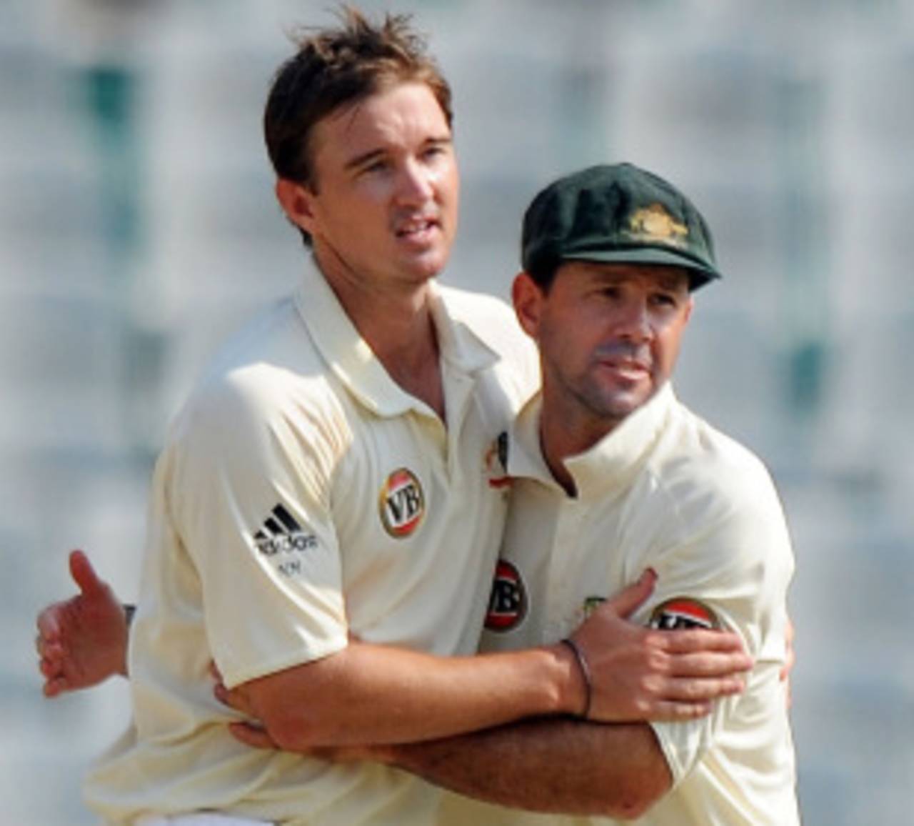 Nathan Hauritz and Ricky Ponting celebrate the dismissal of Zaheer Khan, India v Australia, 1st Test, Mohali, 5th day, October 5, 2010