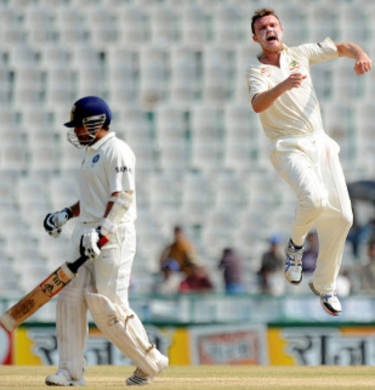 Doug Bollinger celebrates after he dismissed Sachin Tendulkar, India v Australia, 1st Test, Mohali, 5th day, October 5, 2010