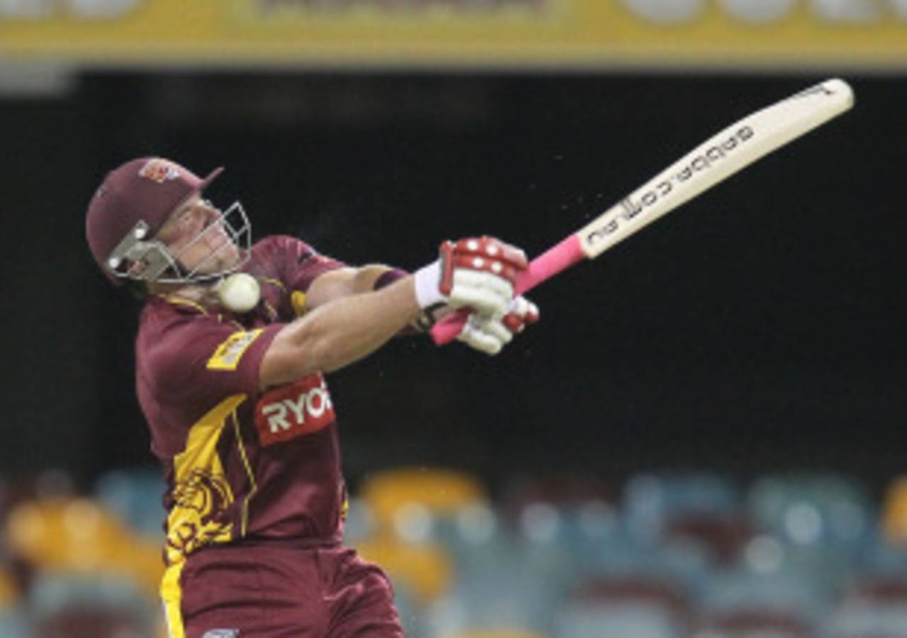 Ryan Broad receives a painful blow from a Brett Geeves short ball, Queensland v Tasmania, Ryobi Cup, Brisbane, October 6, 2010