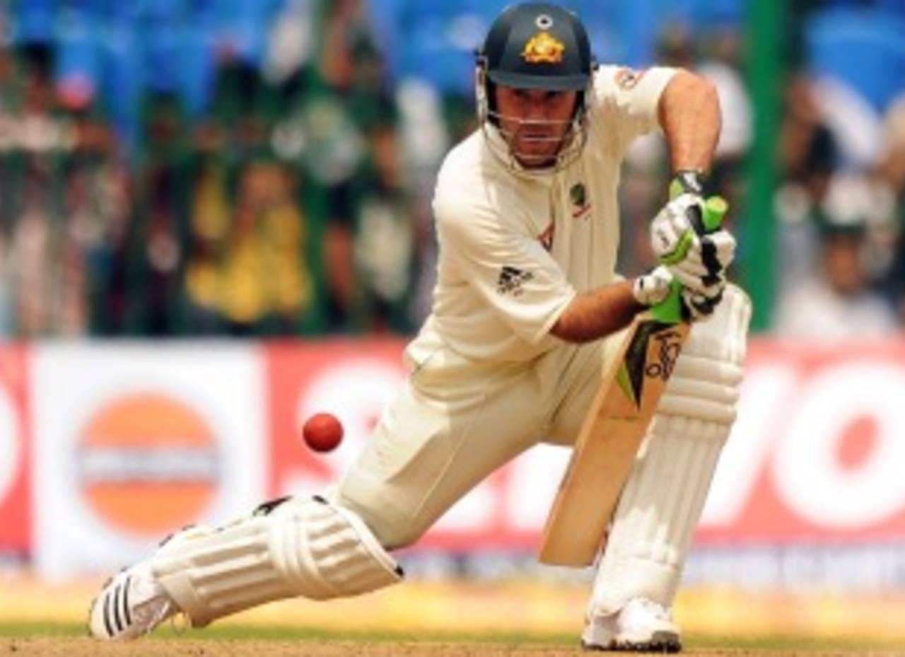 Ricky Ponting strides forward and blocks, India v Australia, 2nd Test, Bangalore, 1st day, October 9, 2010