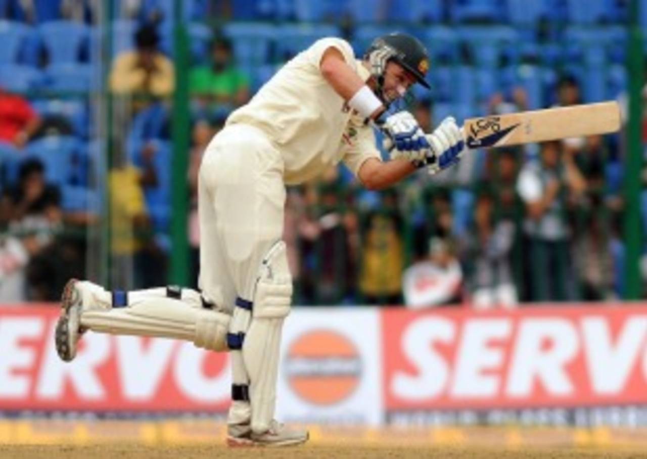 Michael Hussey on the attack during his 35, India v Australia, 2nd Test, Bangalore, 1st day, October 9, 2010