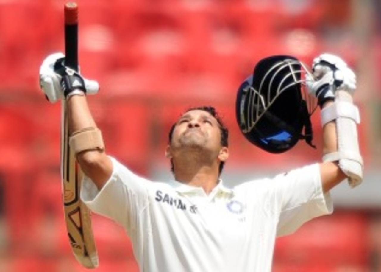 Sachin Tendulkar celebrates Test century No 49, India v Australia, 2nd Test, Bangalore, 3rd day, October 11, 2010