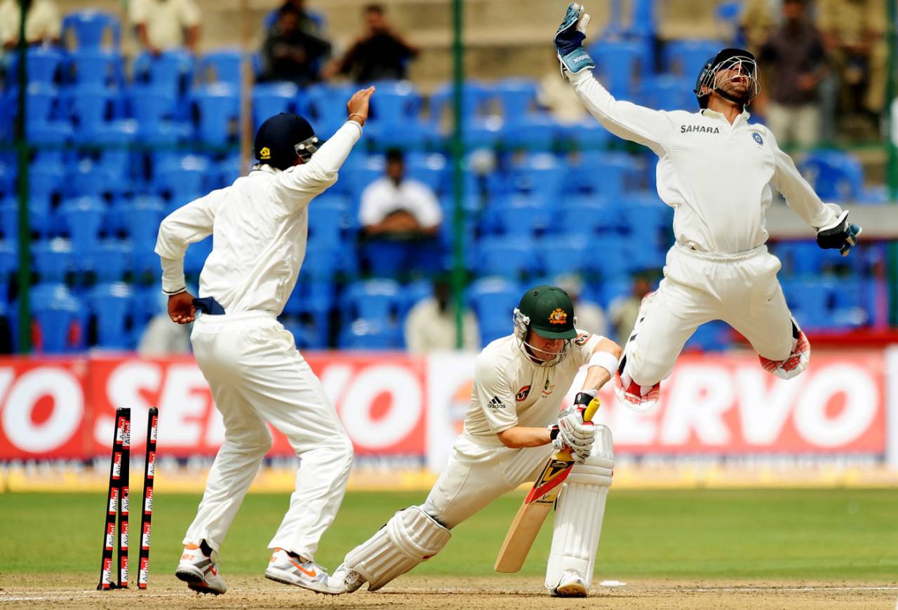 MS Dhoni celebrates after stumping Michael Clarke, India v Australia, 2nd Test, Bangalore, 4th day, October 12, 2010