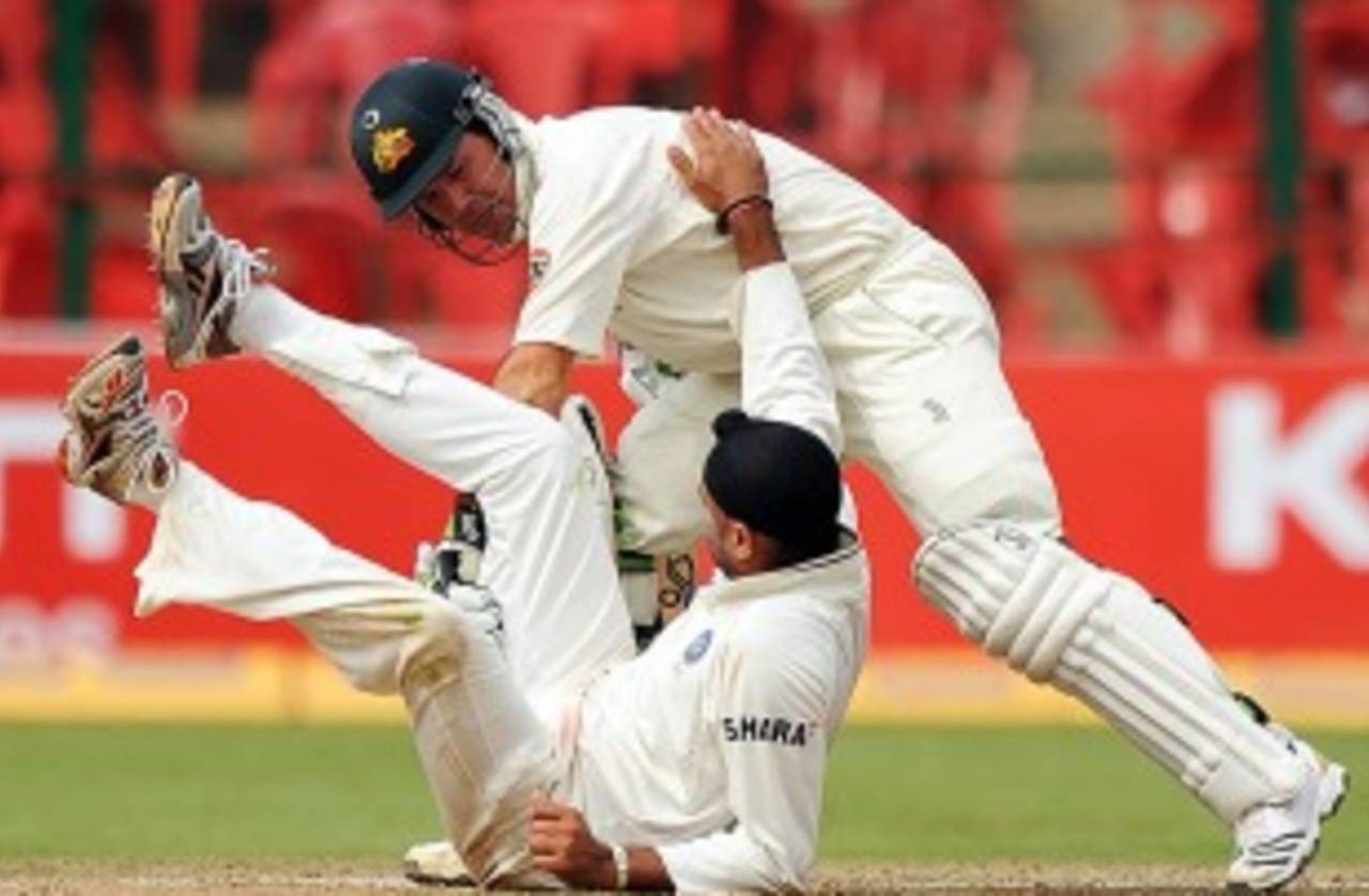 Ricky Ponting and Harbhajan Singh collide, India v Australia, 2nd Test, Bangalore, 4th day, October 12, 2010