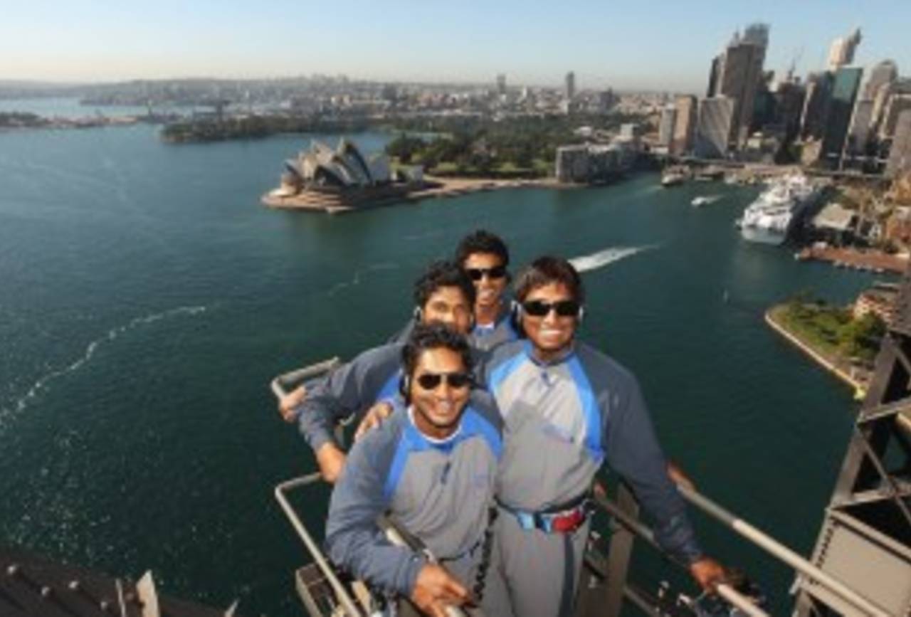 Kumar Sangakkara and his team-mates on top of Sydney Harbour Bridge, Sydney, October 26, 2010