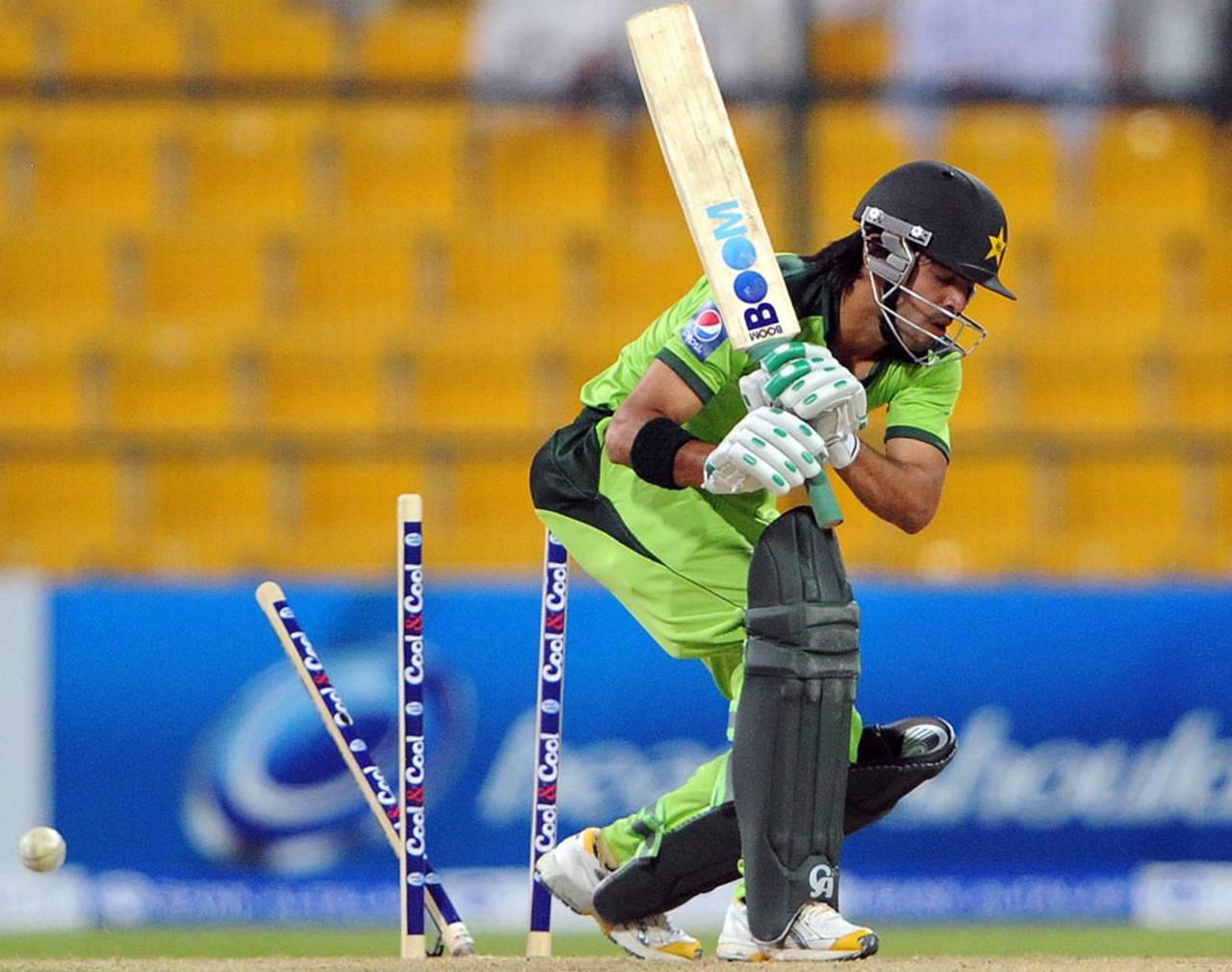 Fawad Alam has his stumps rearranged by Charl Langeveldt, Pakistan v South Africa, 1st ODI, Abu Dhabi, October 29, 2010