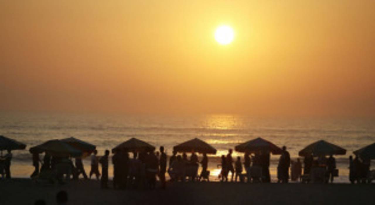 Tourists on the Cox's Bazar beach at sunset, Chittagong, January 7, 2009