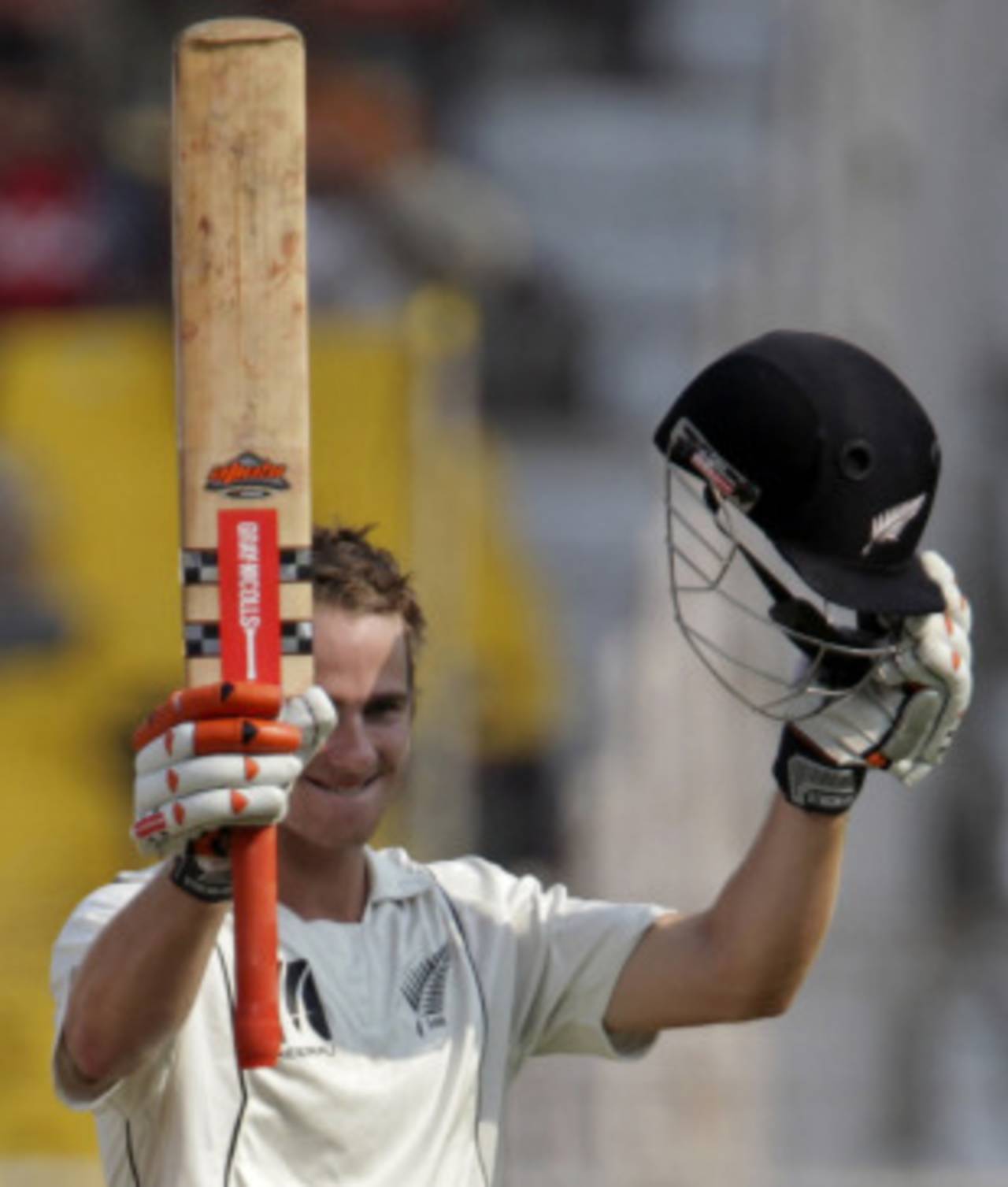 Kane Williamson savours a debut Test century, India v New Zealand, 1st Test, Ahmedabad, 4th day, November 7, 2010