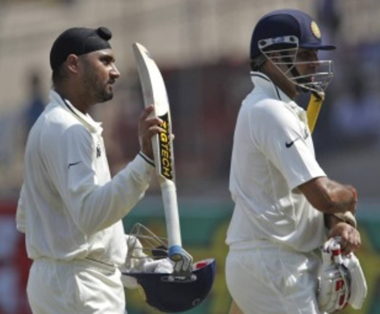 Harbhajan Singh and VVS Laxman walk off after surviving the first session, India v New Zealand, 1st Test, Ahmedabad, 5th day, November 8, 2010