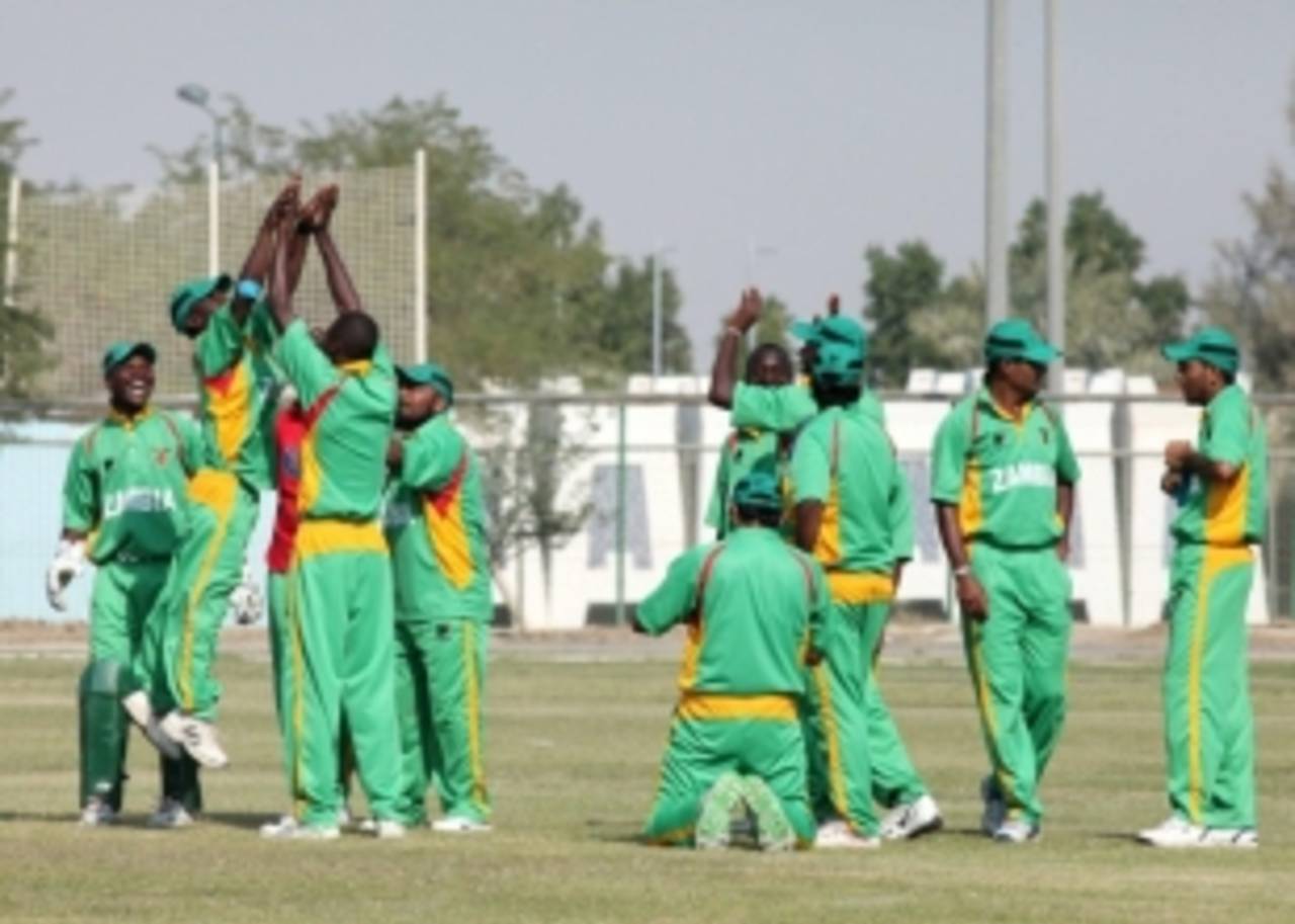The victorious Zambians celebrate another wicket, Gibraltar v Zambia, WCL Division 8, Ahmadi City, November 9 2010