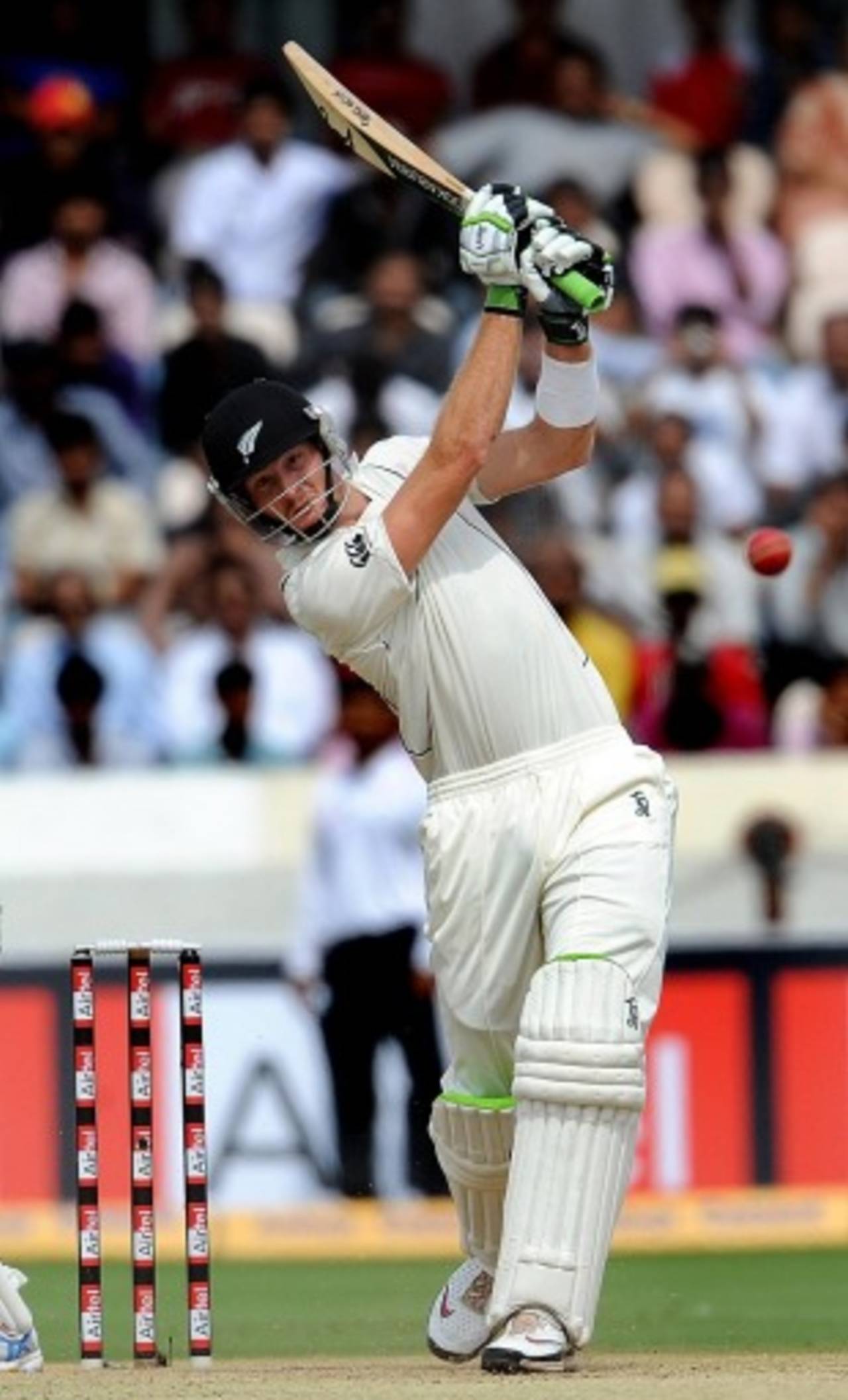 Martin Guptill tries to go over the top, India v New Zealand, 2nd Test, Hyderaabad, 1st day, November 12, 2010