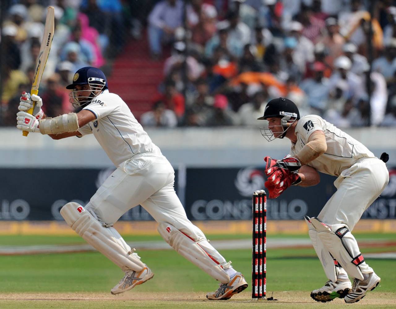 VVS Laxman works one off the pads, India v New Zealand, 2nd Test, Hyderabad, 3rd day, November 14, 2010