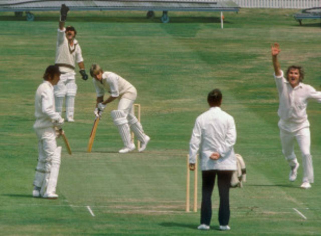 Gary Gilmour traps Frank Hayes in front during his six-wicket burst, England v Australia, 1st semi-final, Lord's, June 18, 1975