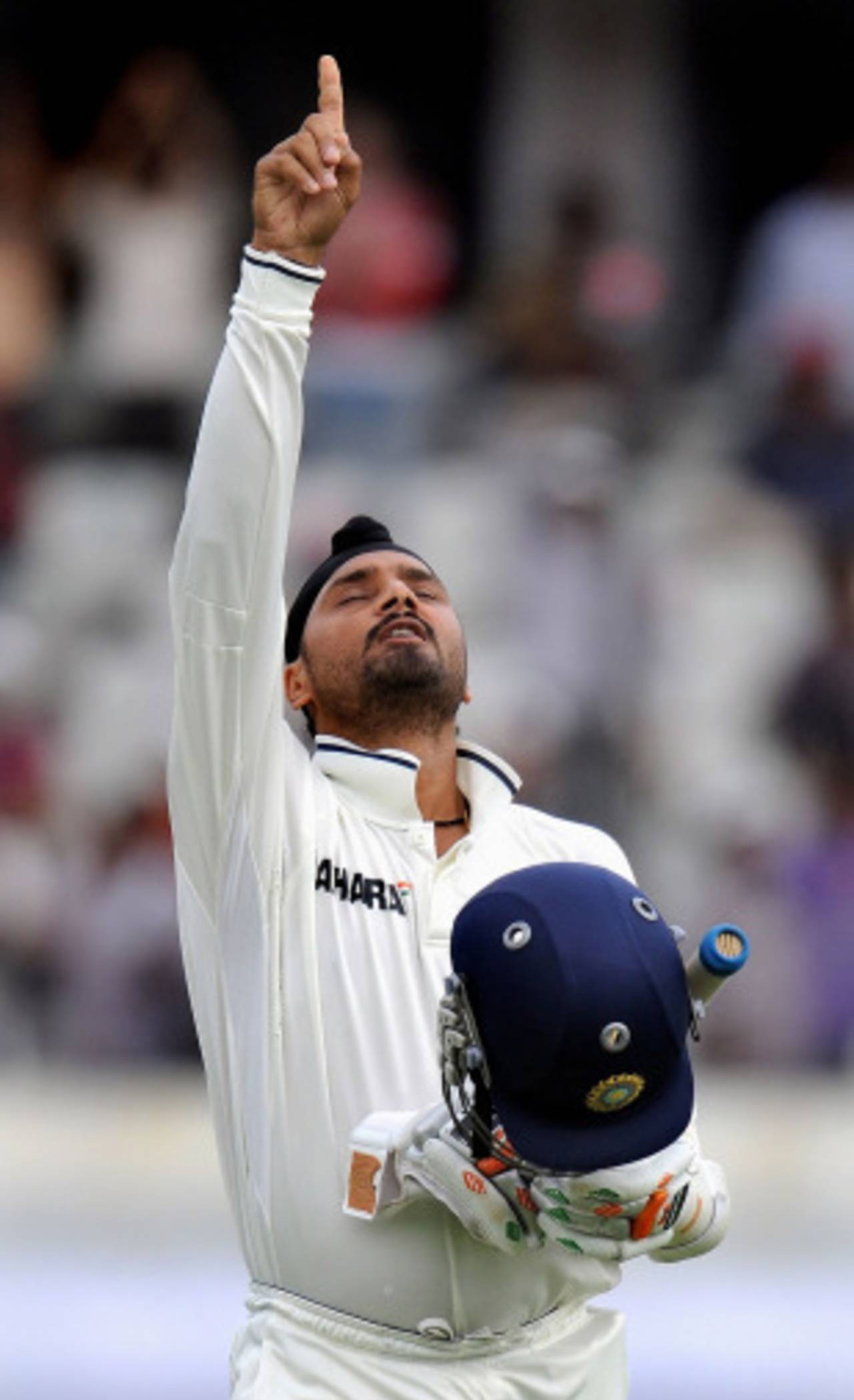 Harbhajan Singh celebrates his century in unique fashion, India v New Zealand, 2nd Test, Hyderabad, 4th day, November 15, 2010