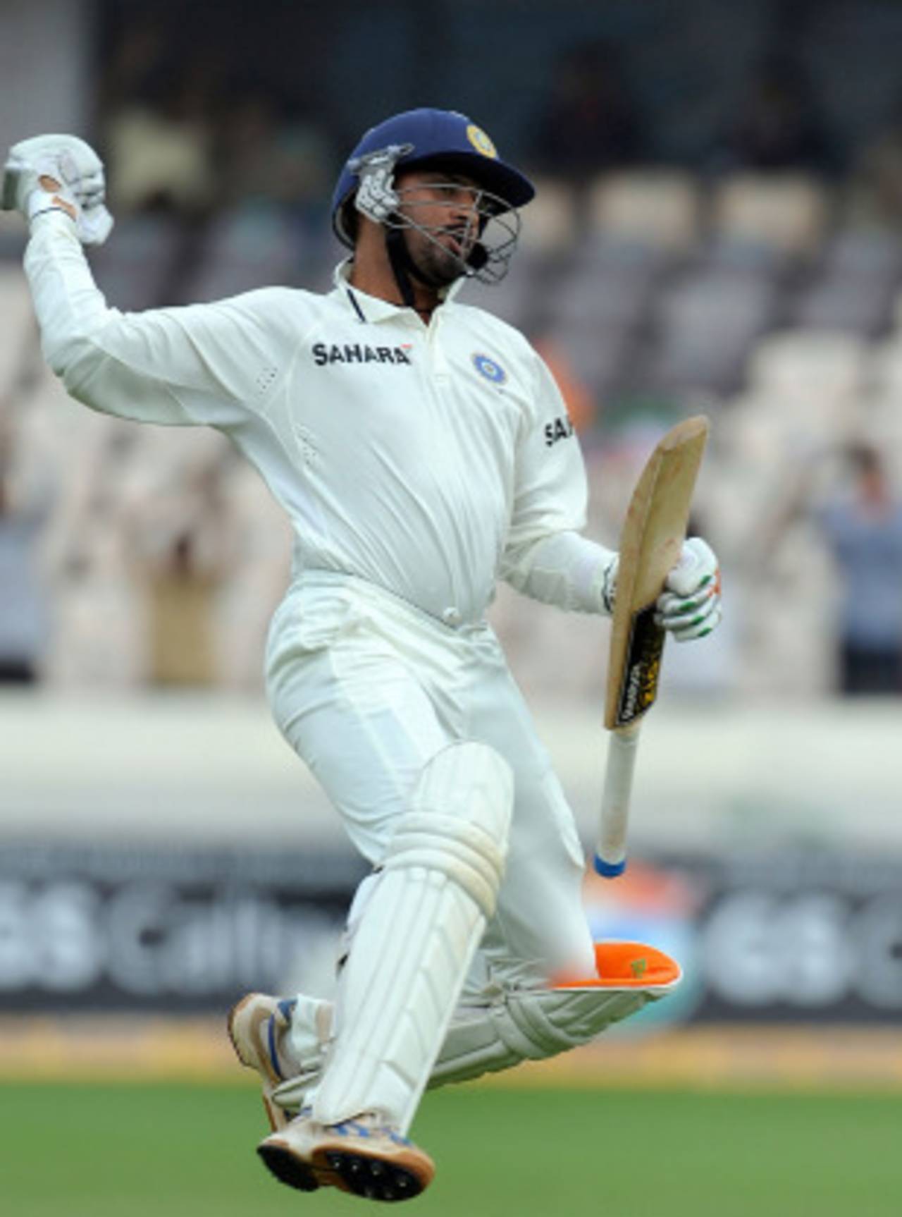 Harbhajan Singh celebrates his second successive Test century, India v New Zealand, 2nd Test, Hyderabad, 4th day, November 15, 2010