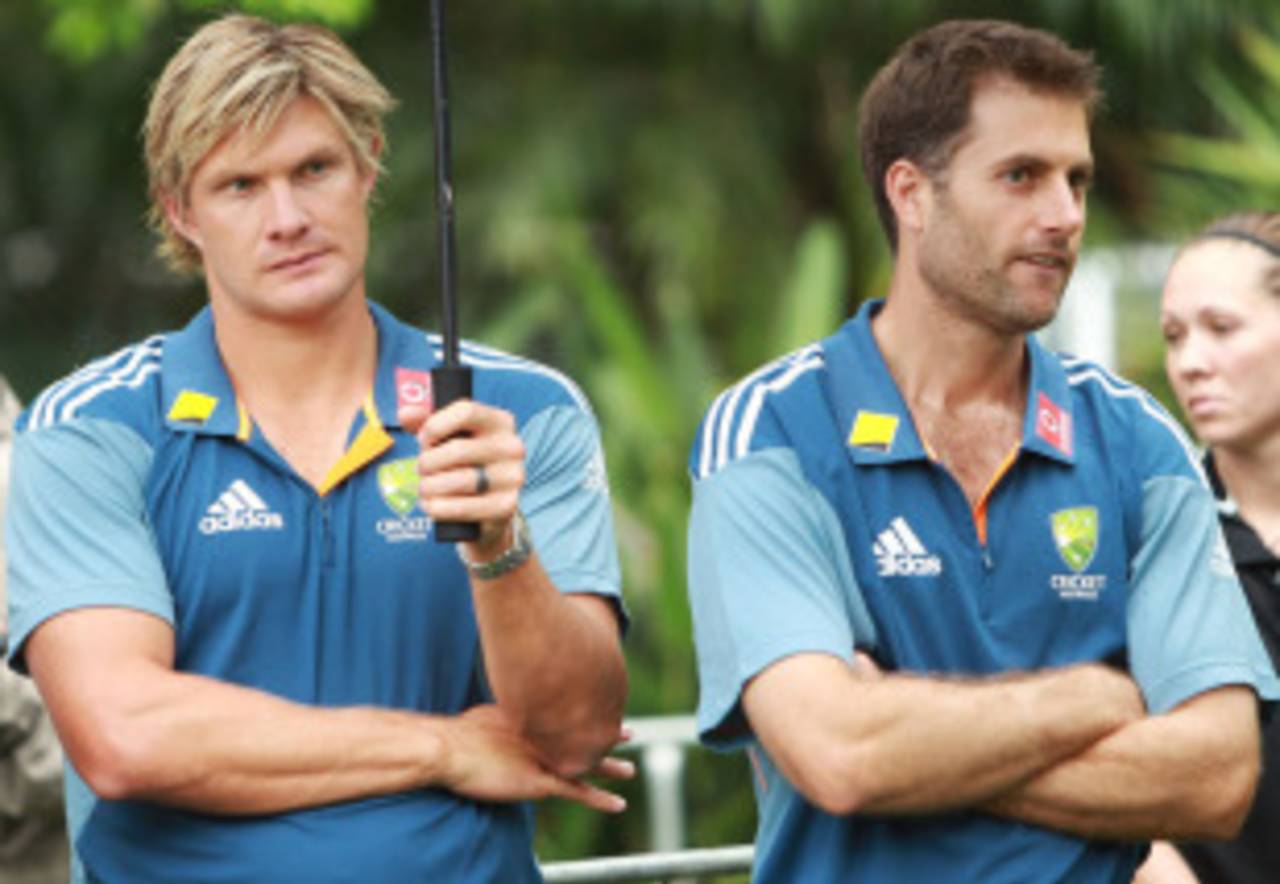 Shane Watson and Simon Katich, who will open at the Gabba, at the announcement of Australia's Ashes squad, Sydney, November 15, 2010