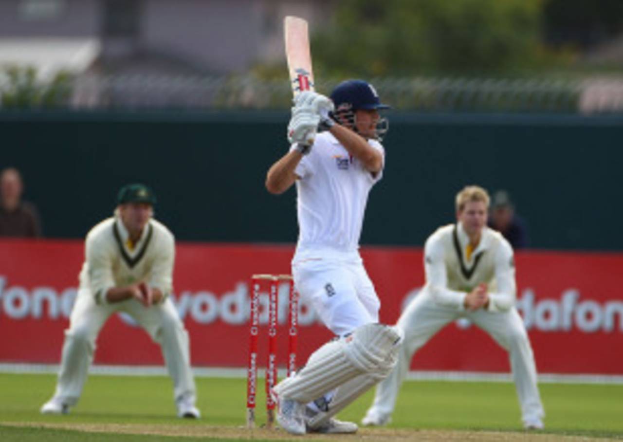 Alastair Cook cuts on a rain-interrupted day, Australia A v England, Hobart, 2nd day, November 18, 2010