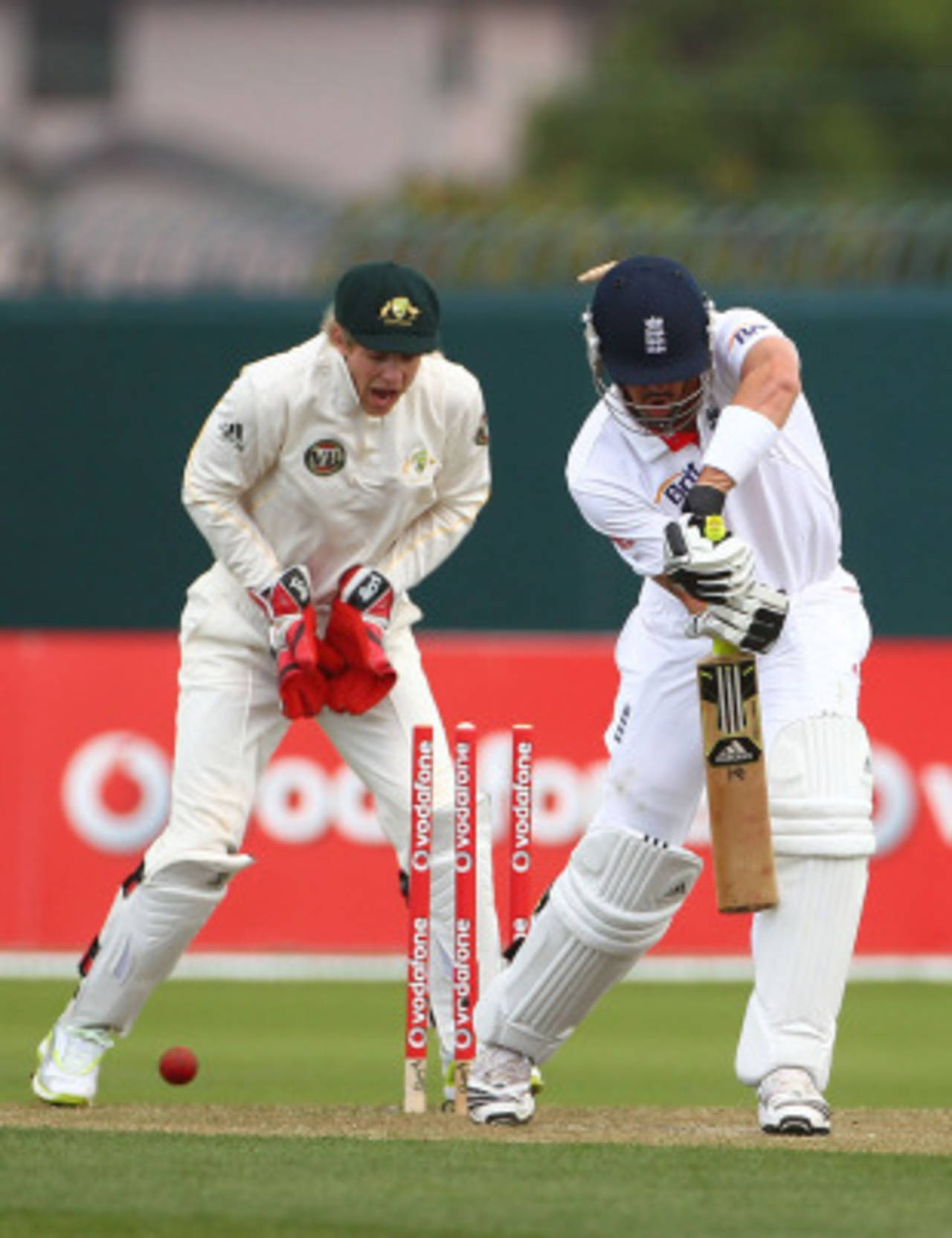 Kevin Pietersen is bowled by Steve O'Keefe, Australia A v England, Hobart, 2nd day, November 18, 2010