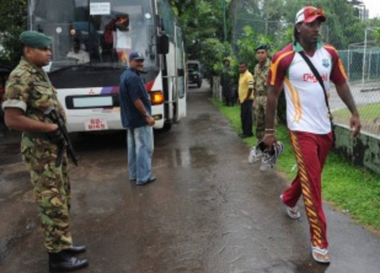 Chris Gayle arrives for practice at the SSC, Colombo, November 21, 2010
