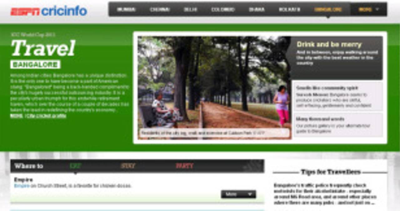 Screenshot of ESPNcricinfo World Cup 2011 travel site