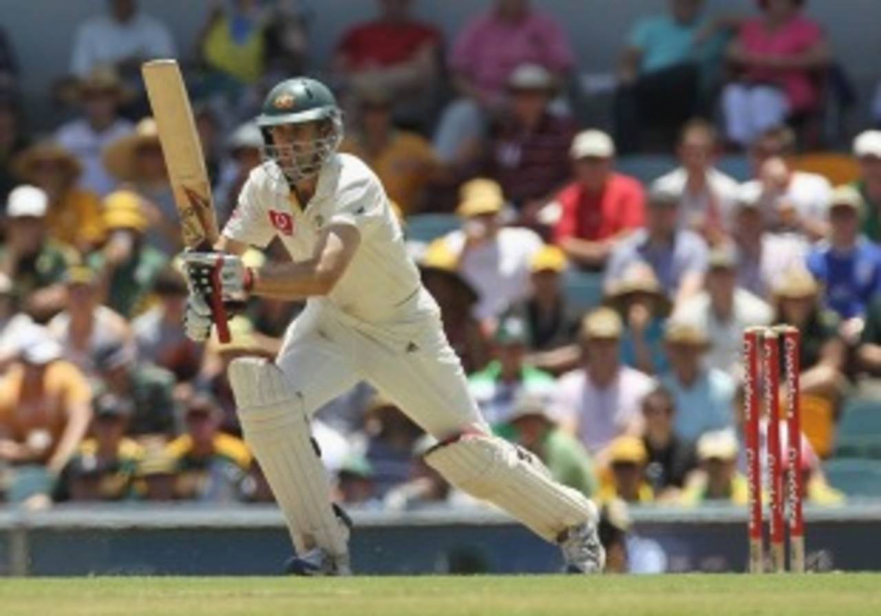Simon Katich nudges another single, Australia v England, 1st Test, Brisbane, 2nd day, November 26, 2010