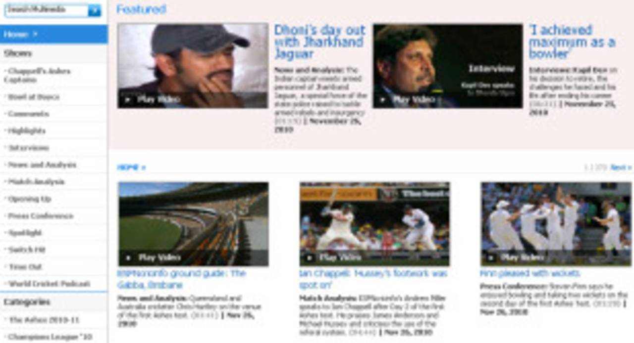 A screenshot of ESPNcricinfo's Video and Audio homepage