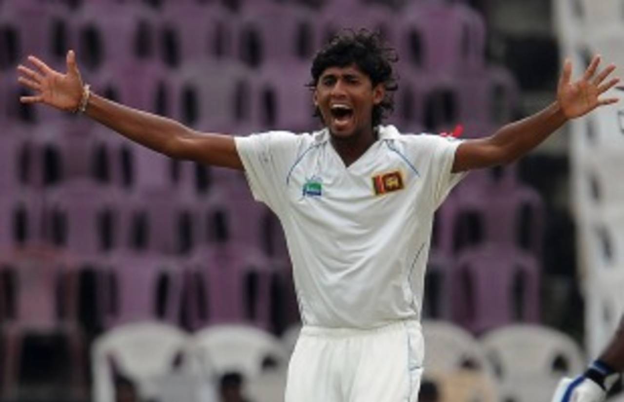 Suranga Lakmal appealed successfully for lbw against Chris Gayle, Sri Lanka v West Indies, 3rd Test, Pallekele, 1st day, December 1, 2010