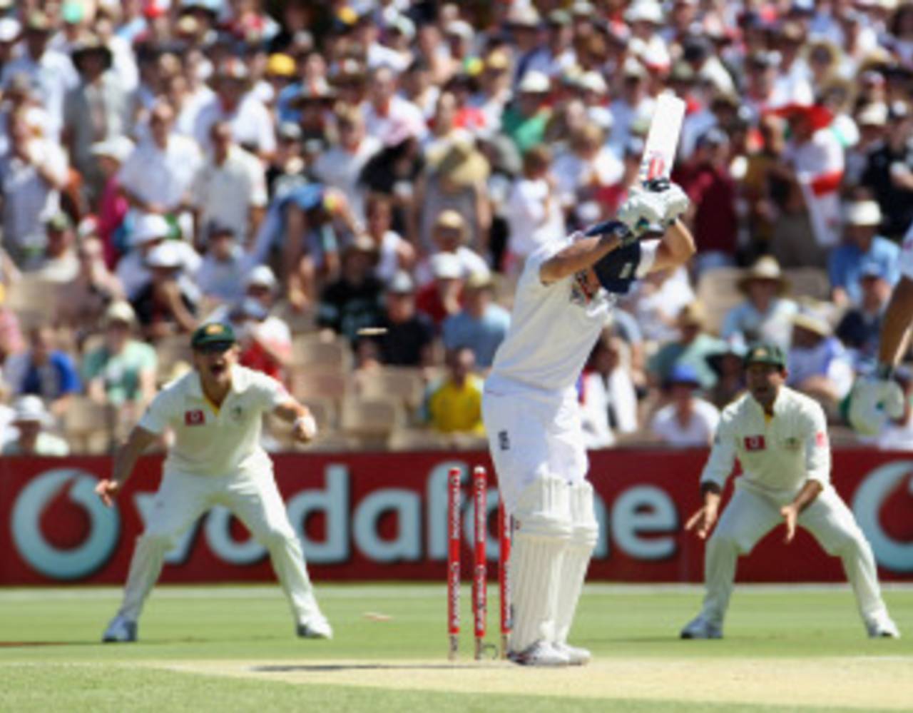 Andrew Strauss is bowled after leaving a ball from Doug Bollinger, Australia v England, 2nd Test, Adelaide, 2nd day, December 4, 2010