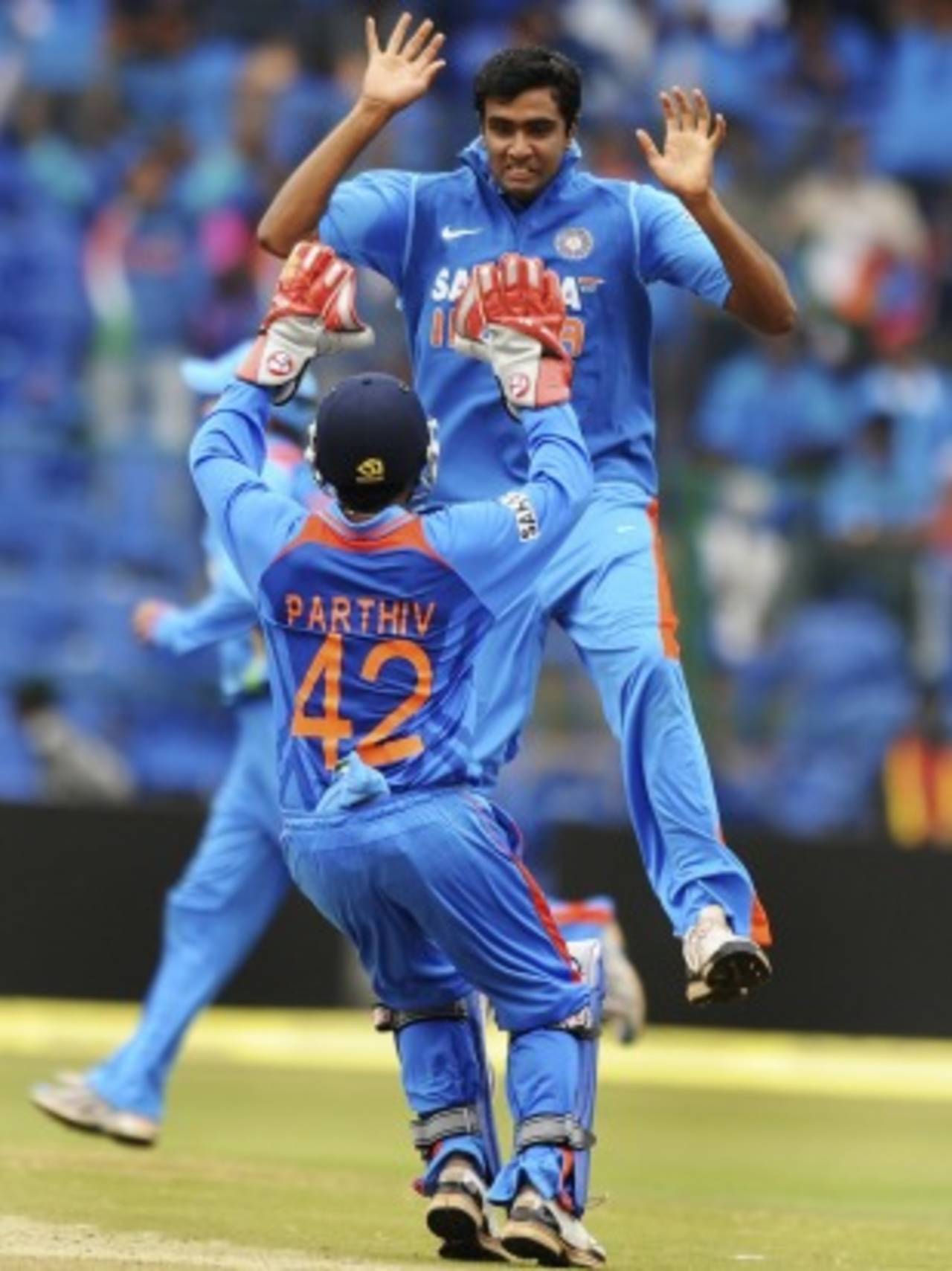 R Ashwin celebrates Brendon McCullum's wicket, India v New Zealand, 4th ODI, Bangalore, December 7, 2010