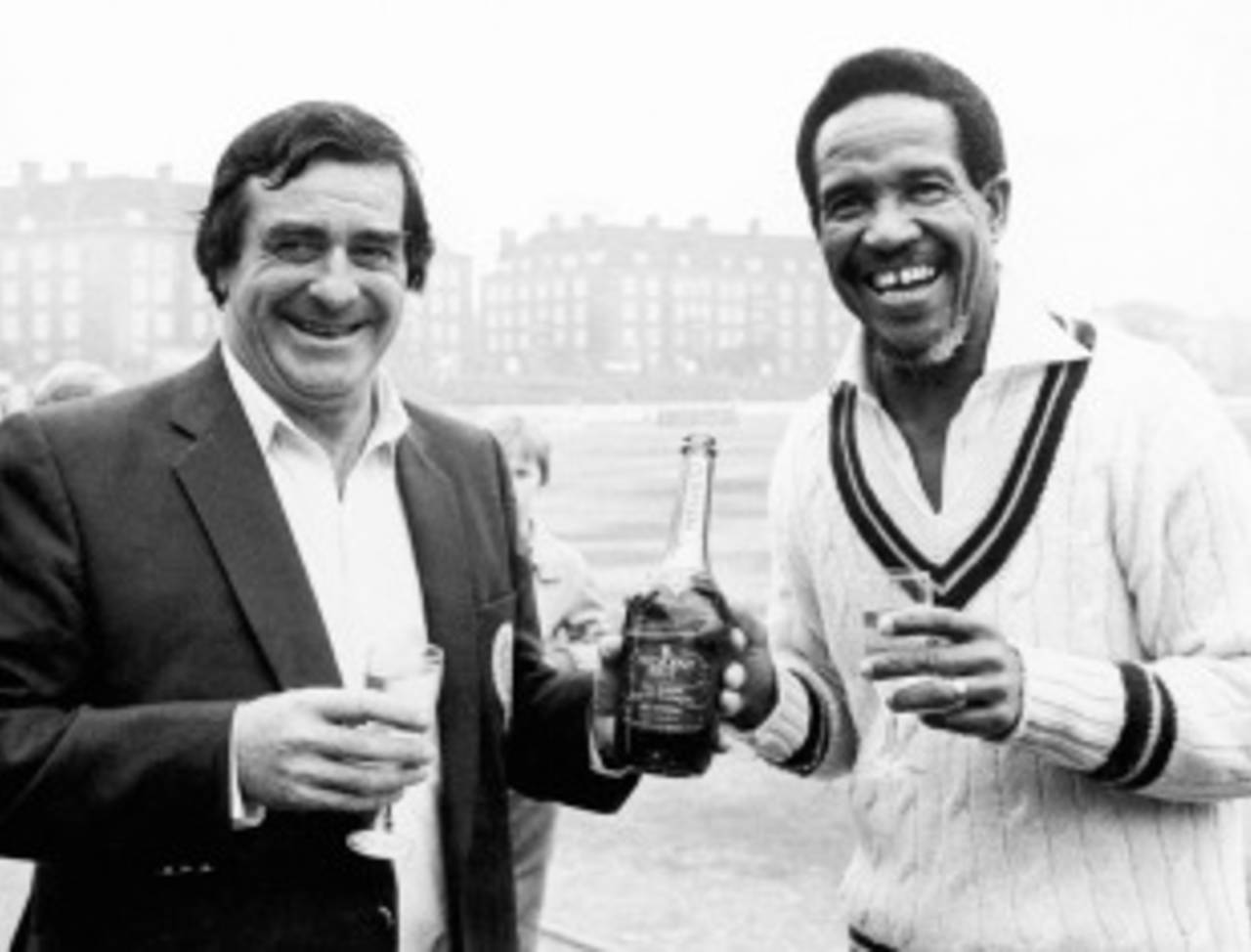 Fred Trueman and Garry Sobers share a drink, The Oval, September 19, 1982