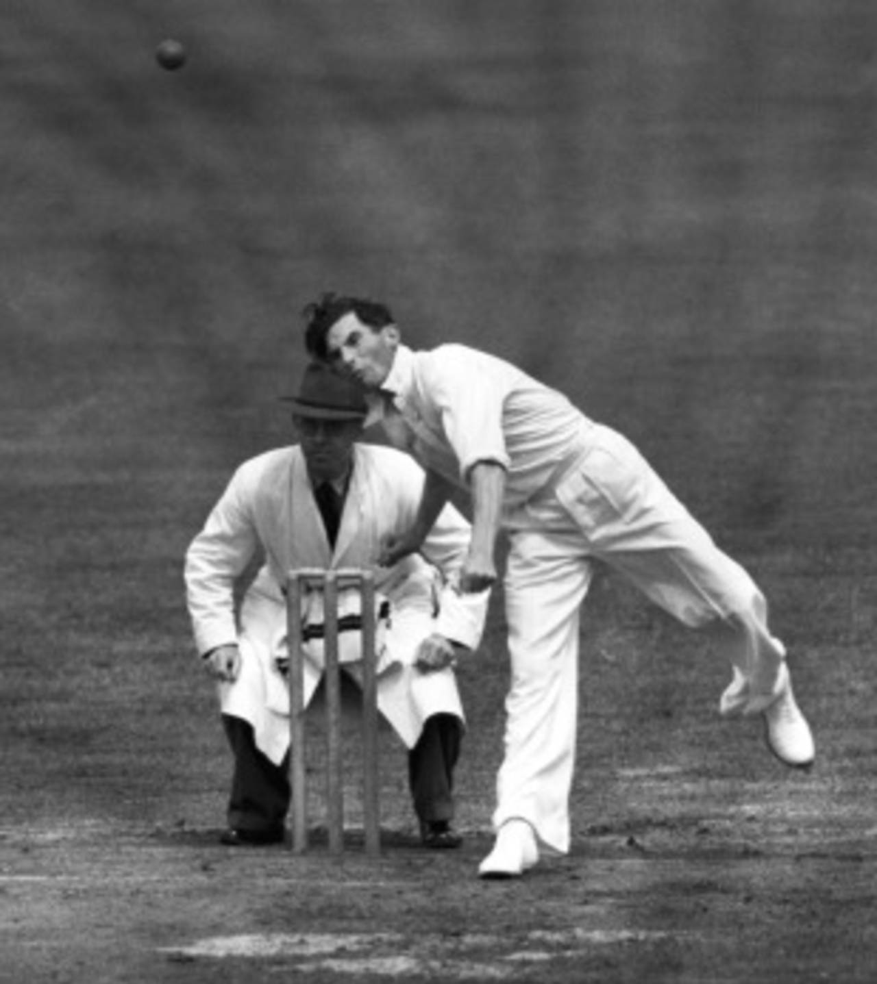 Vince Broderick bowling in the Test Trial, England XI v The Rest, Edgbaston, June 2, 1948