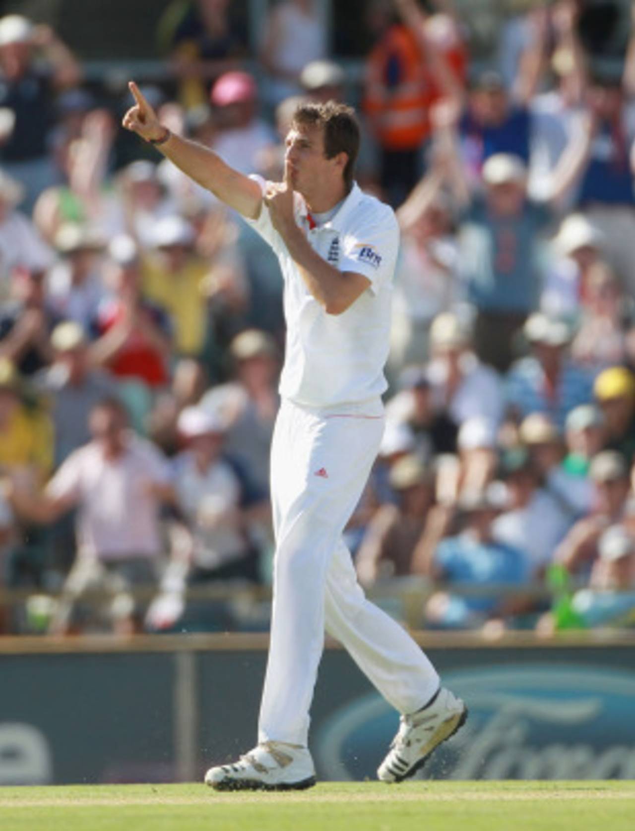 Steven Finn signals to the crowd after removing Phillip Hughes, Australia v England, 3rd Test, Perth, 2nd day, December 17, 2010