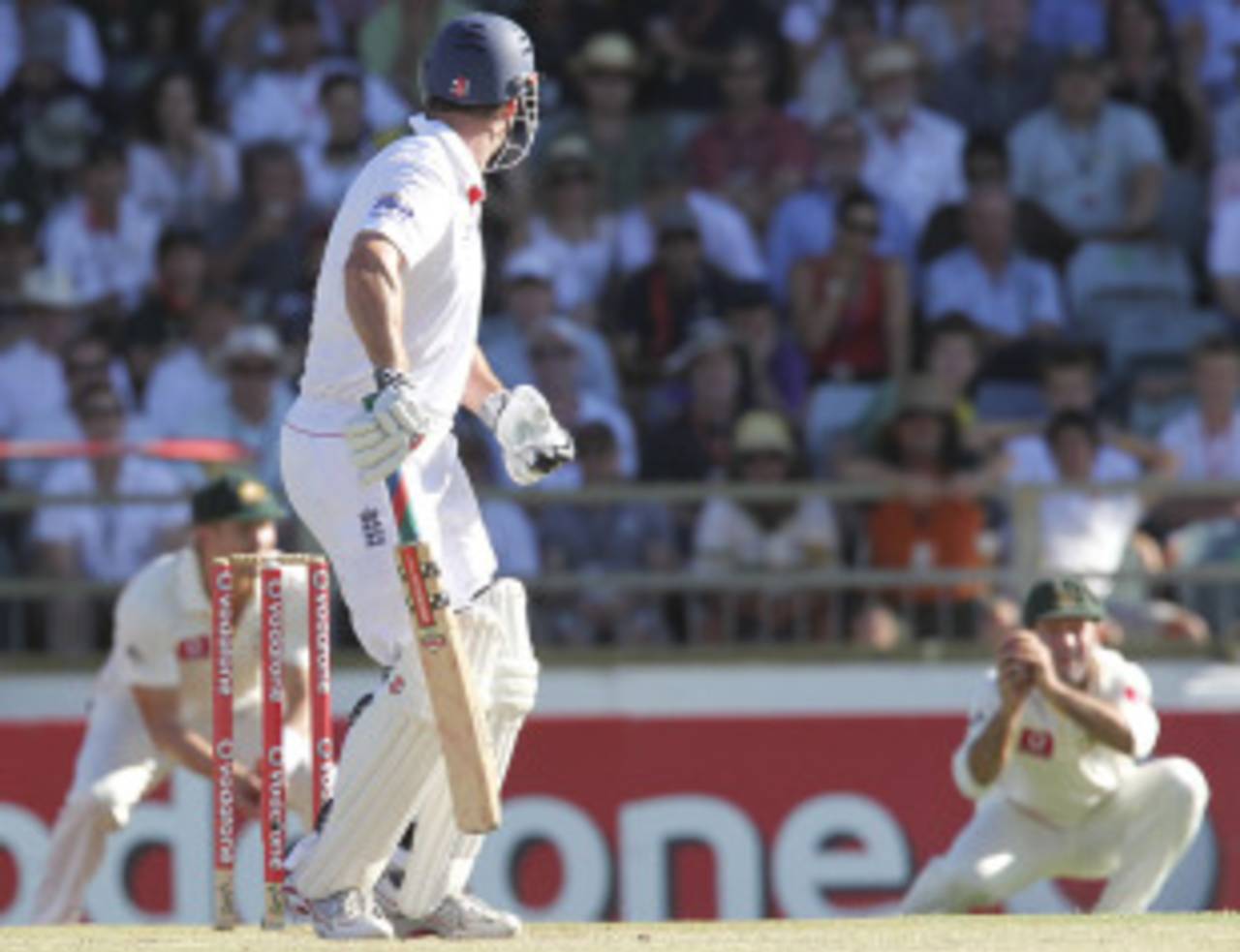 Andrew Strauss watches his edge fly to Ricky Ponting, Australia v England, 3rd Test, Perth, 3rd day, December 18, 2010