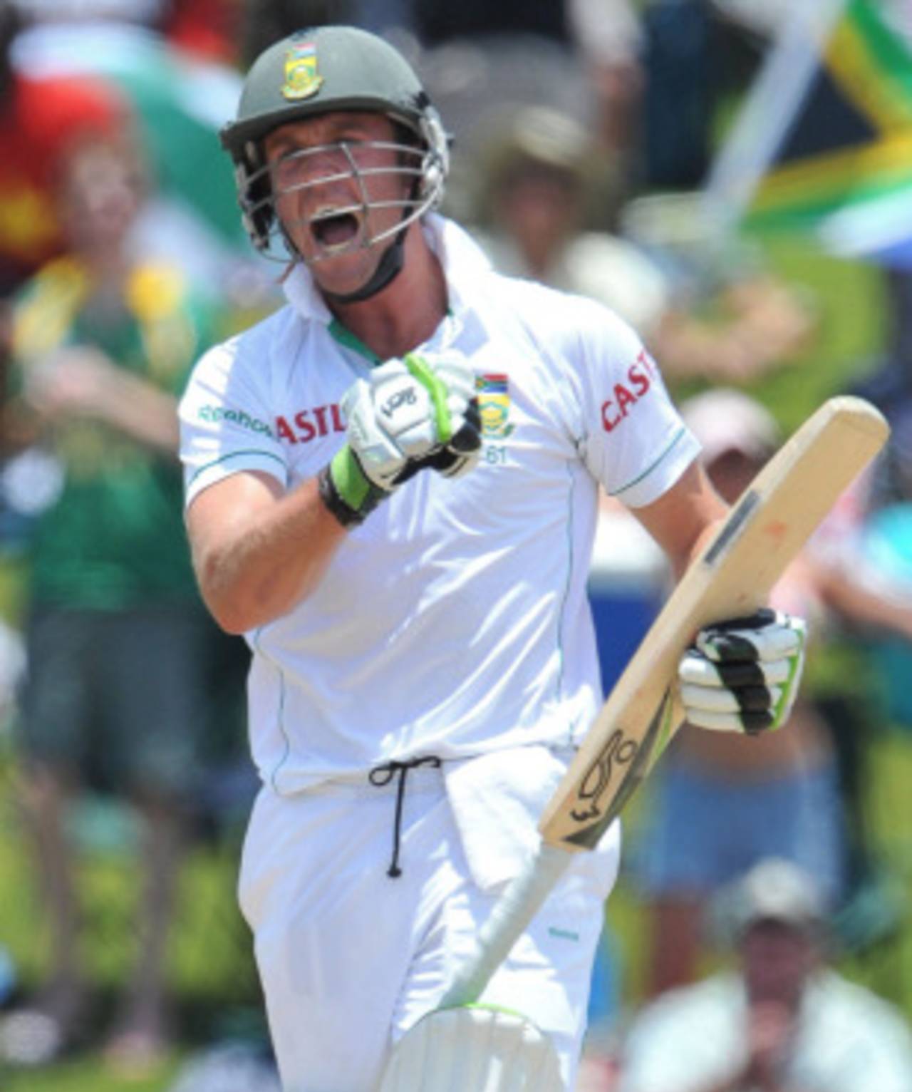 AB de Villiers pumps his fist on reaching his century off 75 balls, South Africa v India, 1st Test, Centurion, 3rd day, December 18, 2010 
