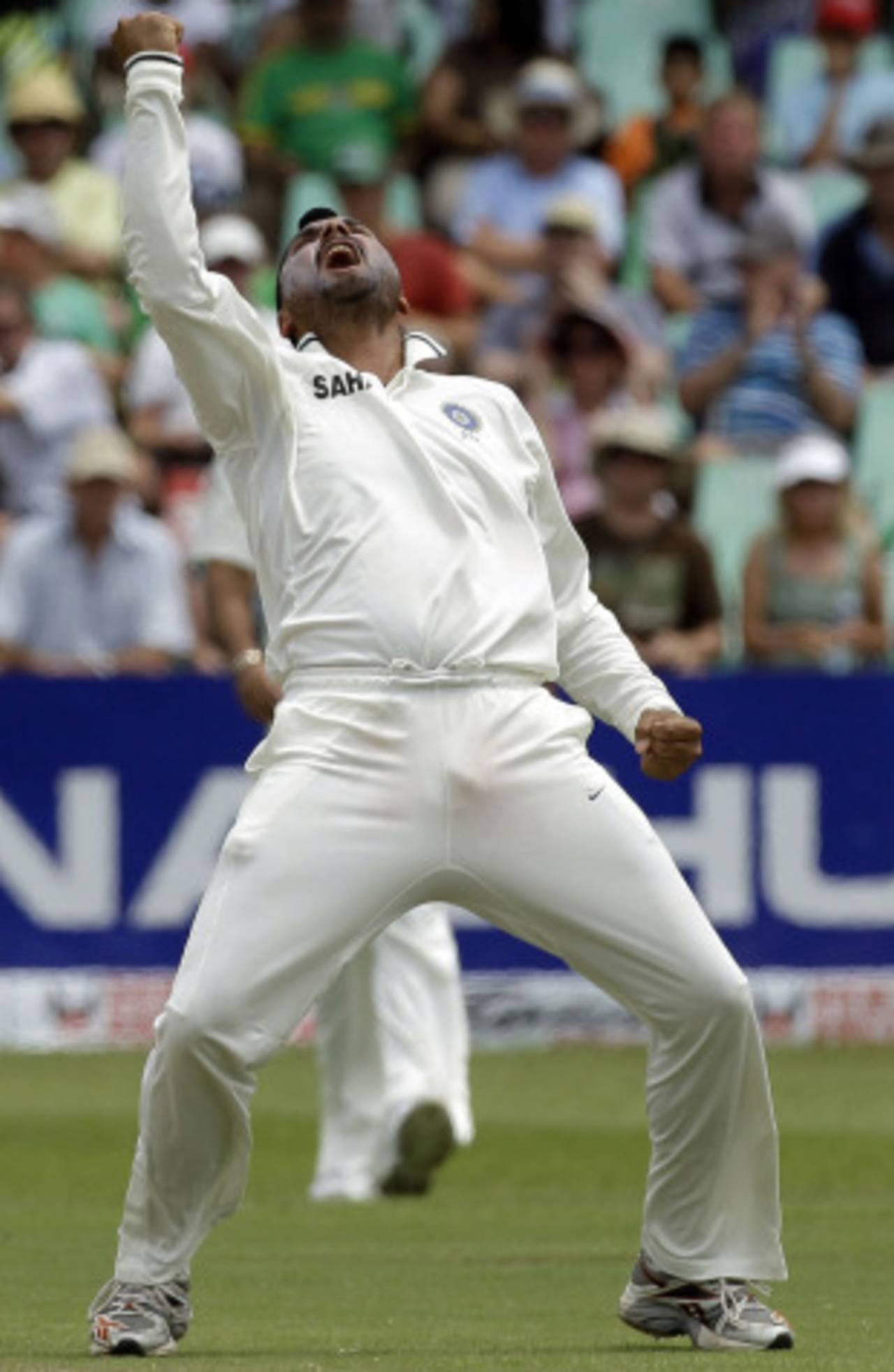 Harbhajan Singh was overjoyed after his plan to bowl straight trapped Hashim Amla in front, on the sweep&nbsp;&nbsp;&bull;&nbsp;&nbsp;Associated Press