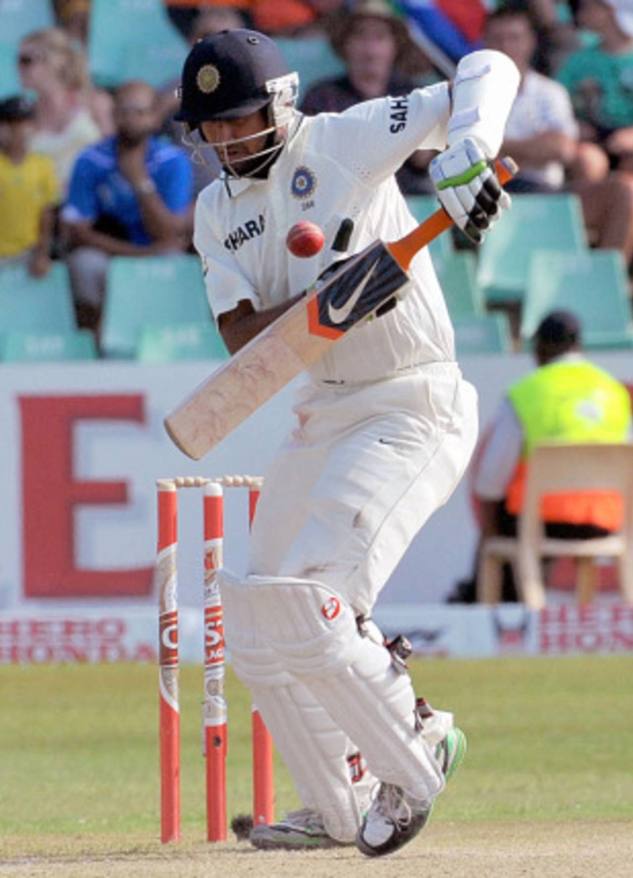 Cheteshwar Pujara has trouble with a short ball from Jacques Kallis, dismissing Rahul Dravid, South Africa v India, 2nd Test, Durban, 2nd day, December 27, 2010 