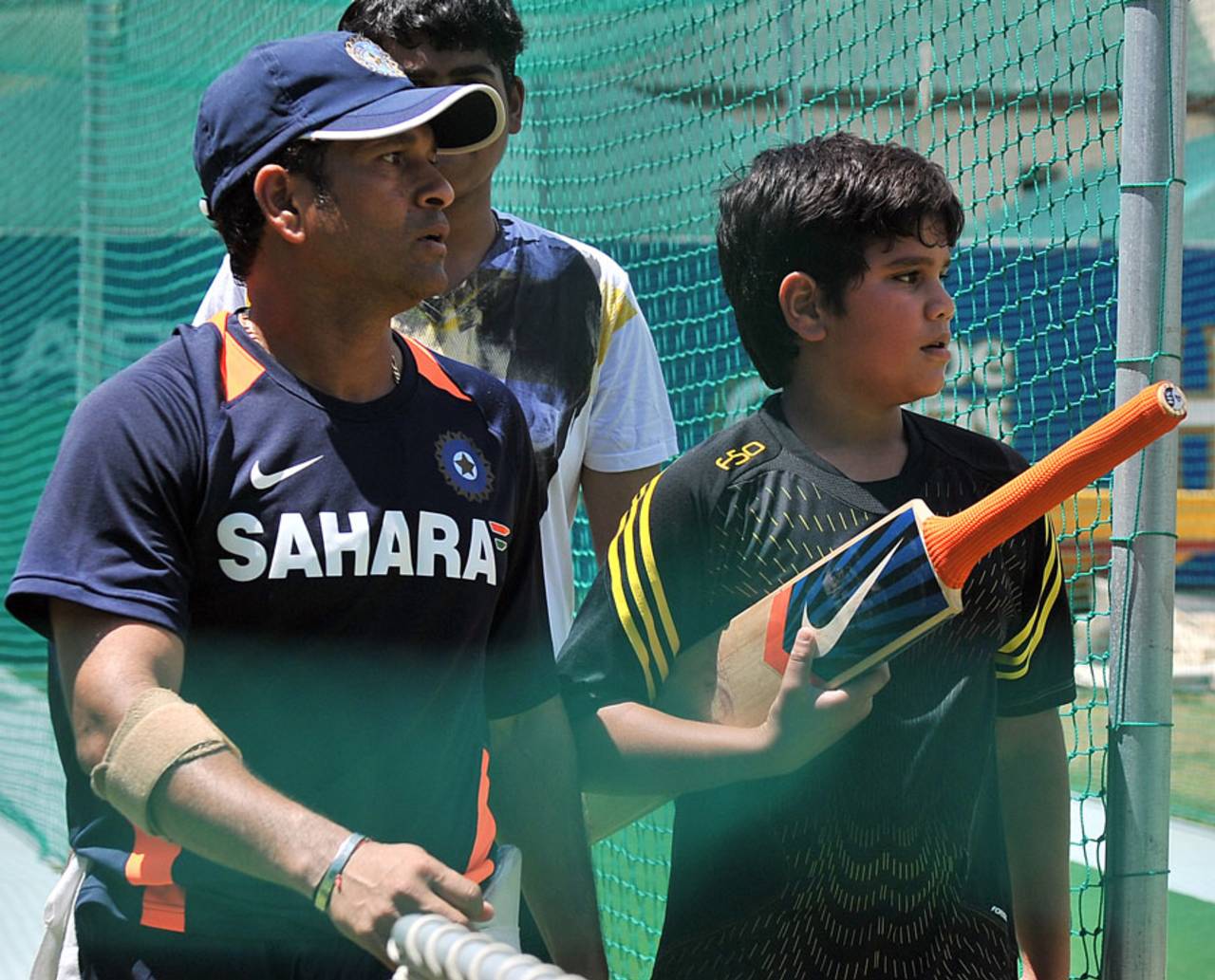 Sachin Tendulkar and his son Arjun at the nets at Newlands, Cape Town