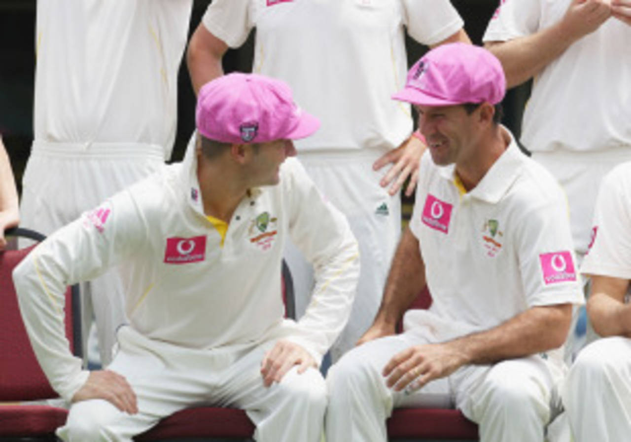 Michael Clarke and Ricky Ponting laugh during the "Pink Test" squad photo, SCG, January 2, 2011