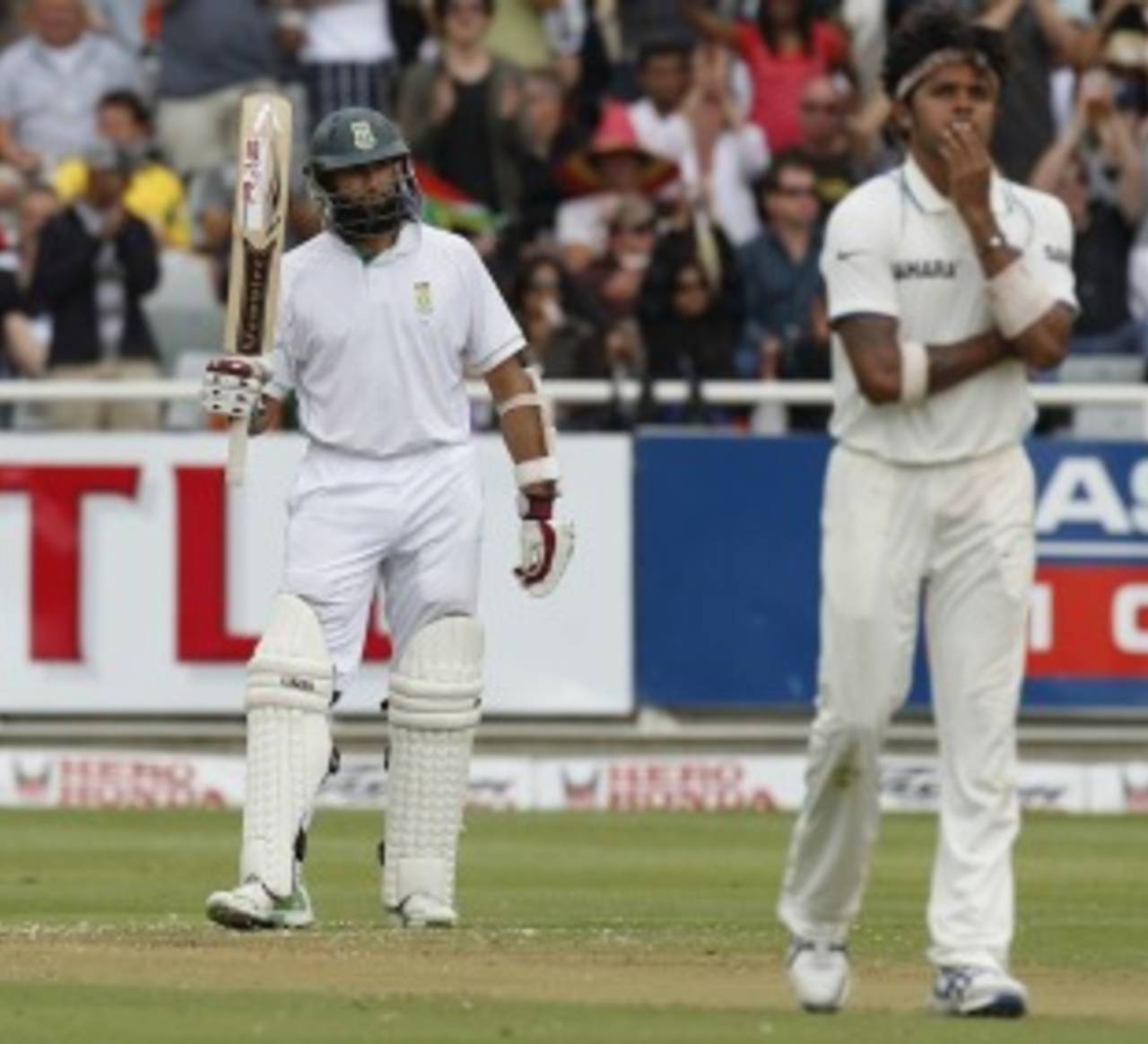Hashim Amla brought up his 50 with a six off Sreesanth, South Africa v India, 3rd Test, Cape Town, 1st day, January 2, 2011