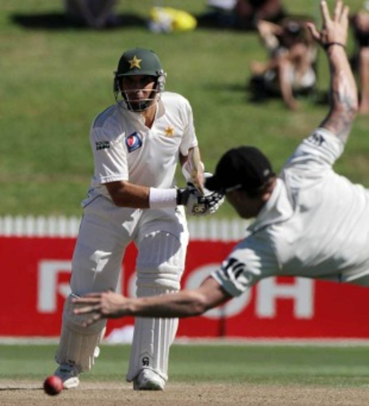Misbah-ul-Haq drives one during his half-century, New Zealand v Pakistan, 1st Test, Hamilton, 2nd day, January 8, 2011