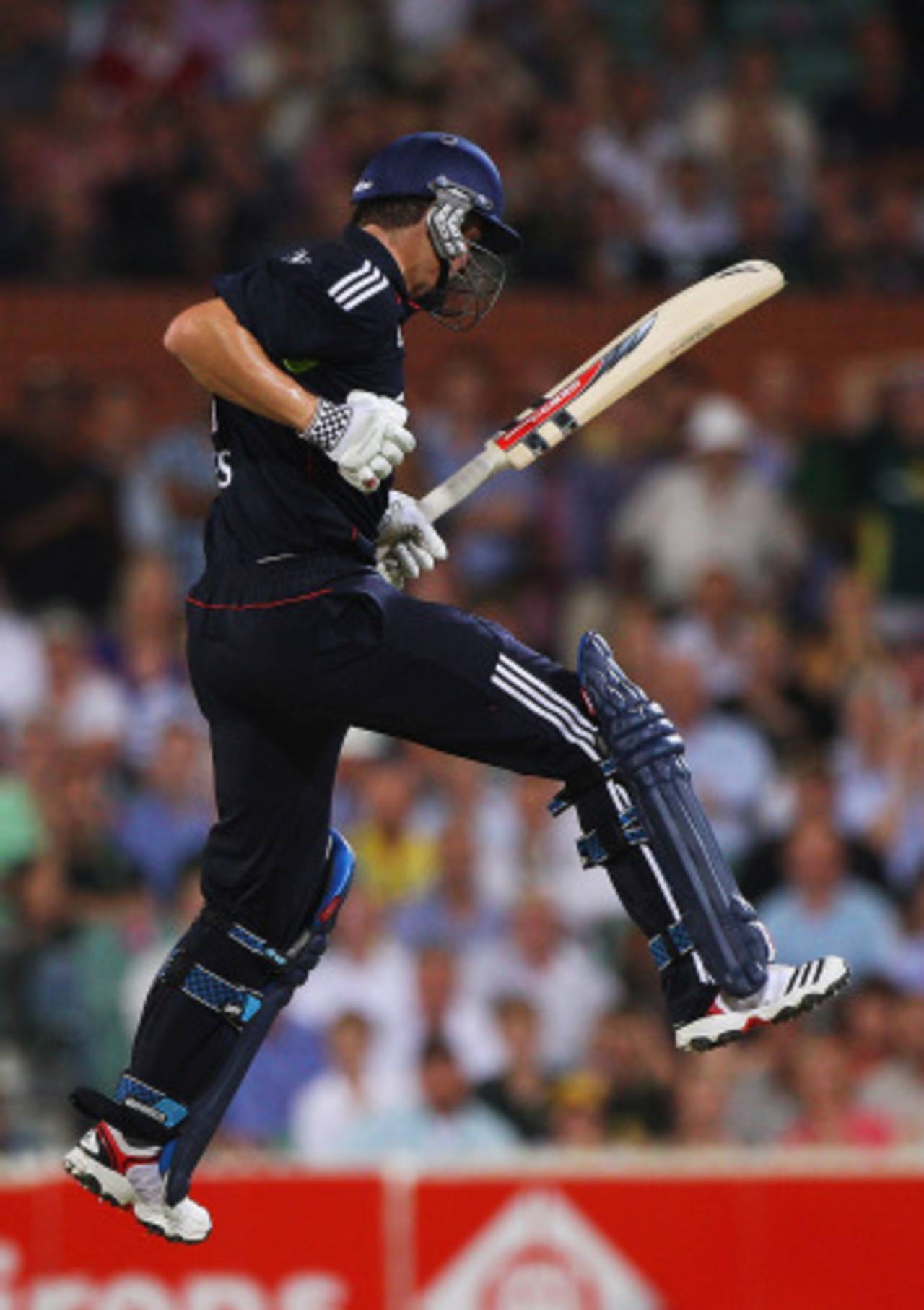 Chris Woakes celebrates hitting the winning run as England beat Australia by one wicket, Australia v England, 1st Twenty20, Adelaide, January 12, 2011