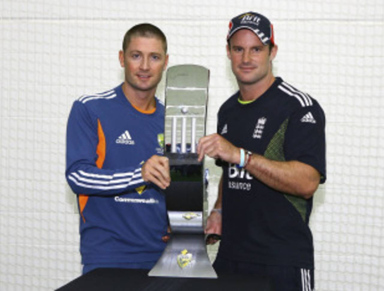 Michael Clarke and Andrew Strauss pose with the one-day trophy, Melbourne, January 15, 2011