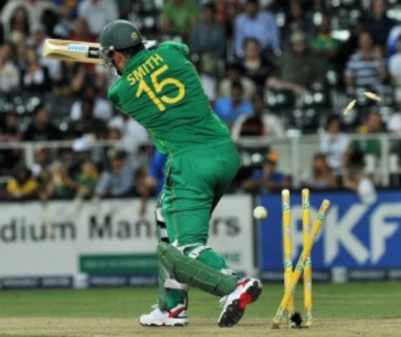 Graeme Smith was bowled for 77, South Africa v India, 2nd ODI, Johannesburg, January 15, 2011